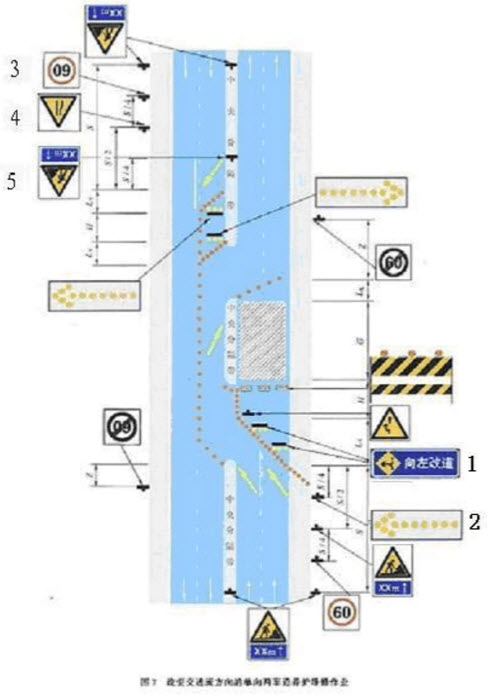 针对改变交通锥方向的单向两车道养护维修作业图中的标志,标志摆放