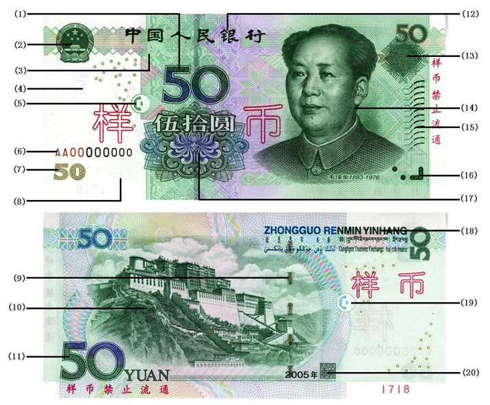 2005年版第五套人民币50元券纸币的雕刻凹版印刷,在右侧图片中()号位.