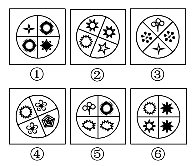 [单选] 把下面的六个图形分为两类,使每一类图形